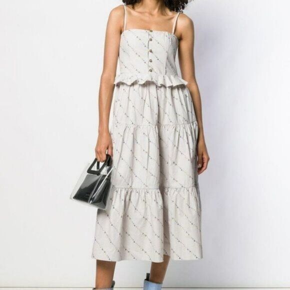 Ganni Dresses & Skirts - Ganni Gray Floral‎ Print Ruffle Poplin Tiered A-line Pocket Midi Sundress L